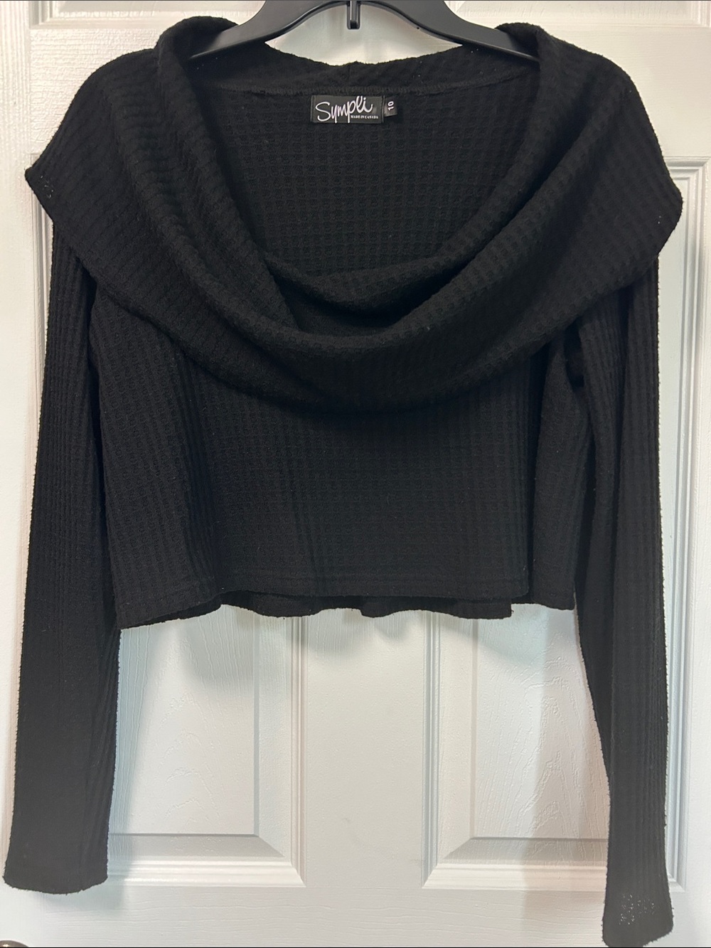 Sympli Black Waffle Knit Draped Cowl Sweater